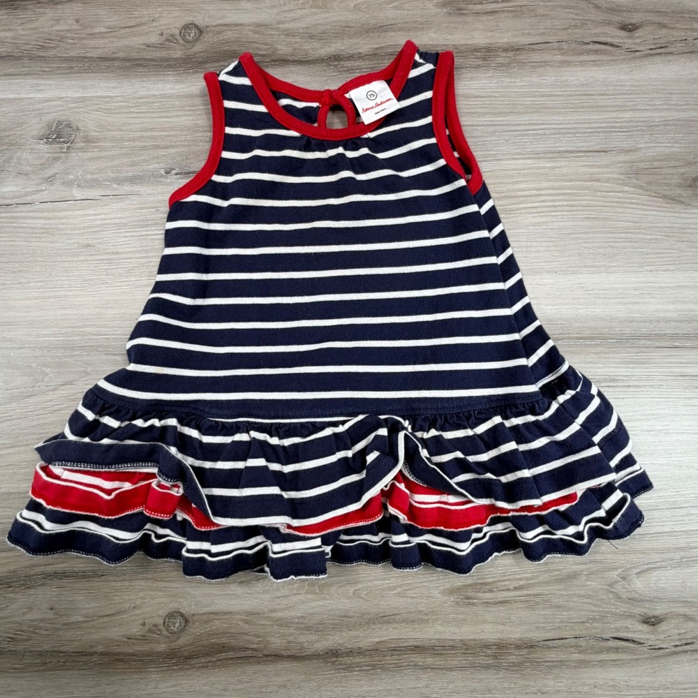 Hanna Andersson Girls Size 75 Navy Blue White Red Striped Tiered Ruffle Dress